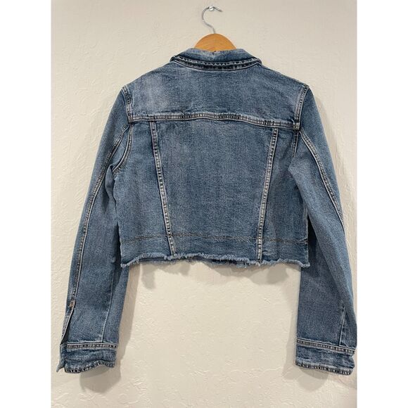 ~ Pilcro Lg Jean Jacket Cropped Denim Anthropologie Blue Raw Edge Stretch Large - Picture 4 of 14